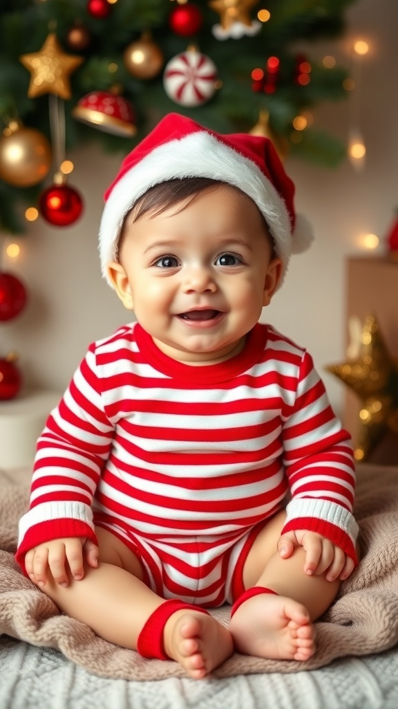A smiling baby in a Christmas outfit with a Santa hat, surrounded by holiday decorations.